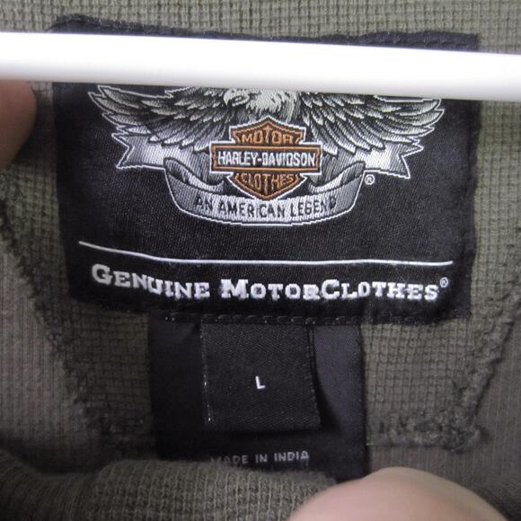 Harley-Davidson Shirt Mens Large Green Henley Thermal Waffle Knit Bar Shield - Picture 3 of 9